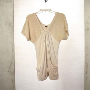 Free People Ivory and Beige Short Sleeve Sweater Jacket Snap closure and pockets